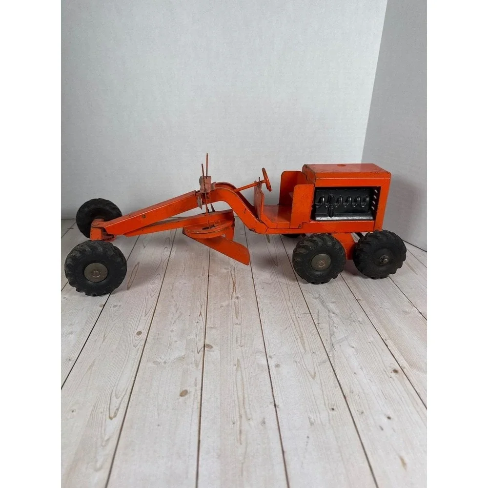 Vintage 1950s Ny-Lint Toys Pressed Steel Road Grader Orange 19 inch Construction